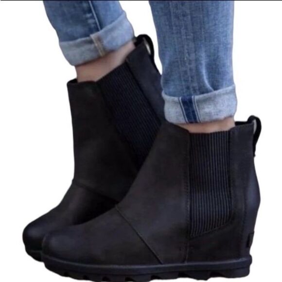 Sorel Shoes - Sorel Women's Joan Of Arctic Wedge II Leather Chelsea Boots Black Size 7.5